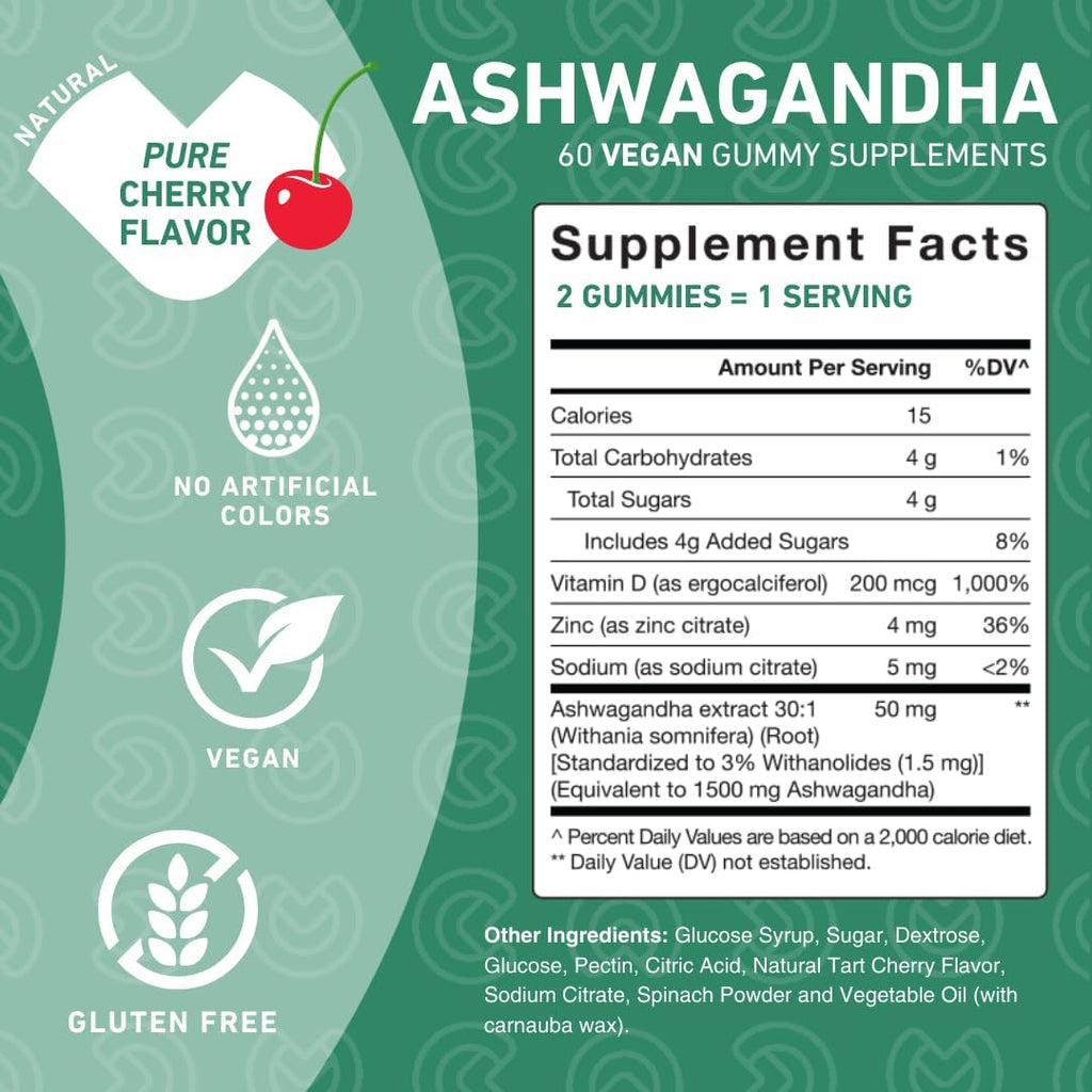 Ashwagandha Gummies con Vitamina D y Zinc – Complemento para la Relaxación y el Bienestar – Sin Gluten, No GMO, Vegano, 60 Gominolas