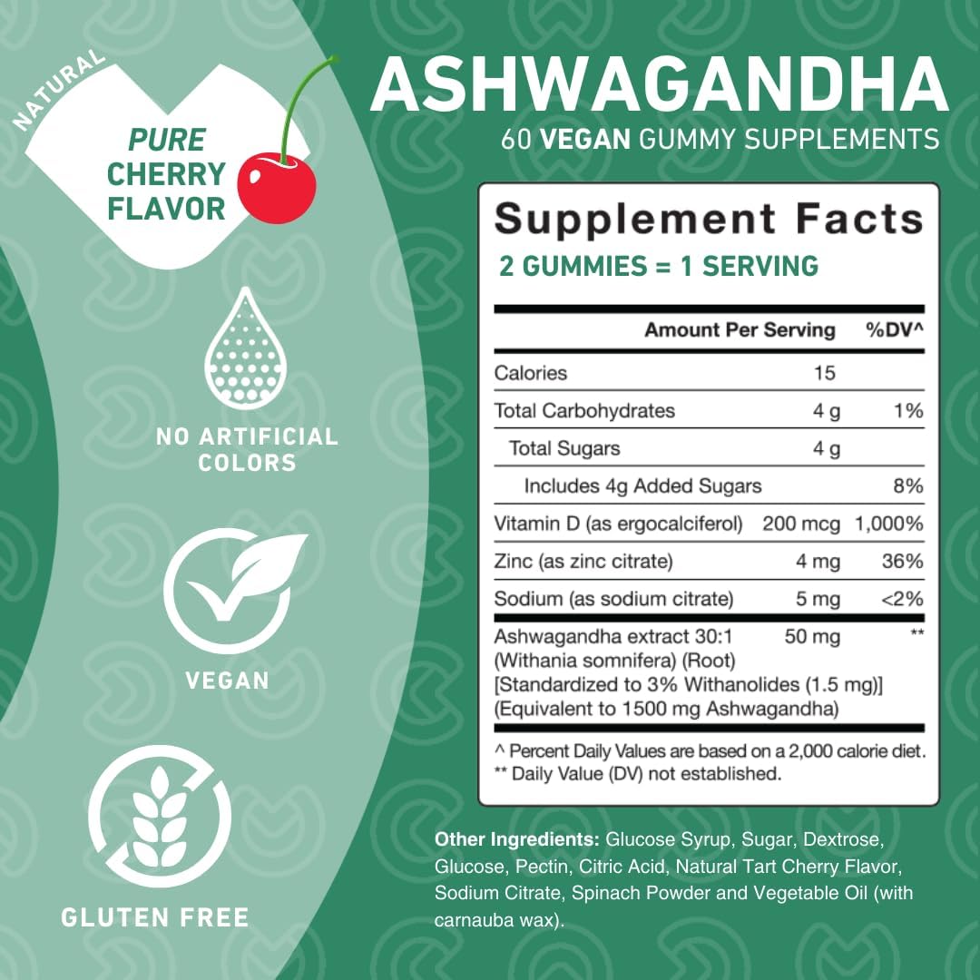 Ashwagandha Gummies con Vitamina D y Zinc – Complemento para la Relaxación y el Bienestar – Sin Gluten, No GMO, Vegano, 60 Gominolas