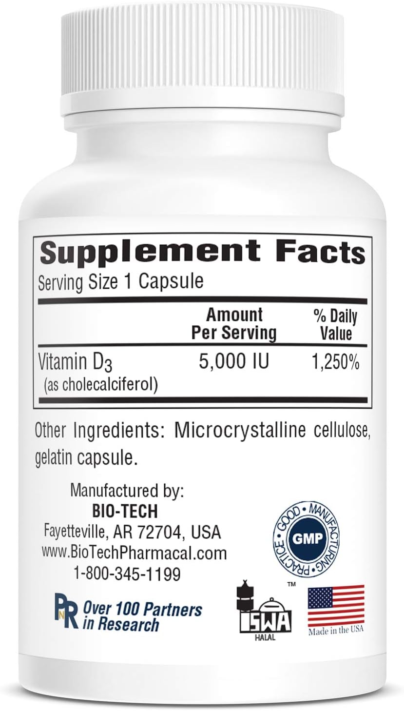 Bio-Tech Pharmacal Vitamina D3 (5000 UI, 250 Cápsulas Blandas)