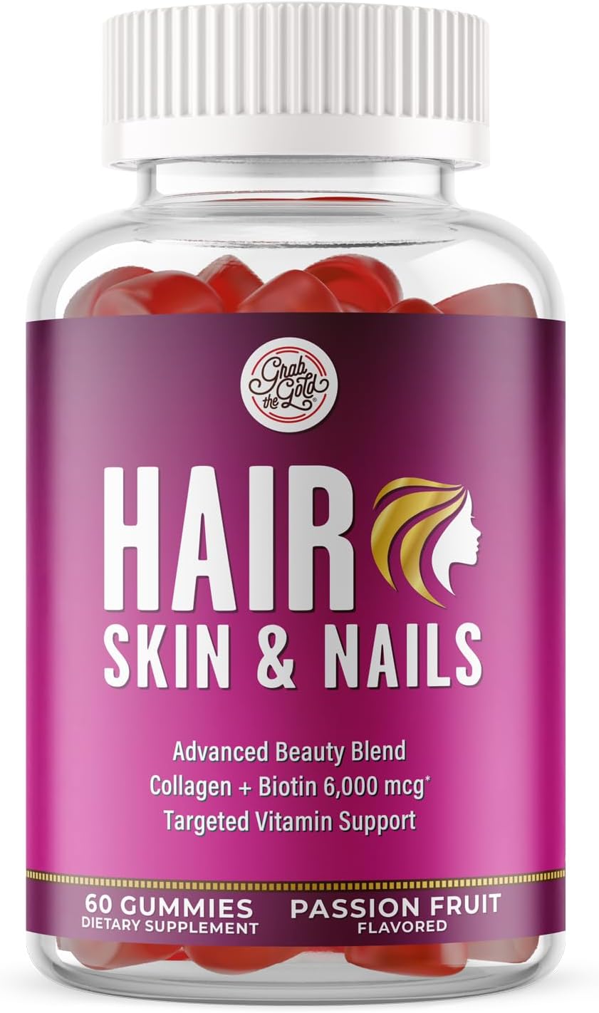 Grab The Gold Vitaminas para Cabello, Piel y Uñas | Gominolas con Biotina 6000 mcg y Colágeno | Sabor Maracuyá | Sin Gluten, No-GMO