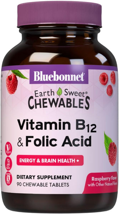 Bluebonnet Nutrition Earth Sweet Vitamina B12 y Ácido Fólico Comprimidos Masticables, Sabor Frambuesa, 90 Unidades – Image 1