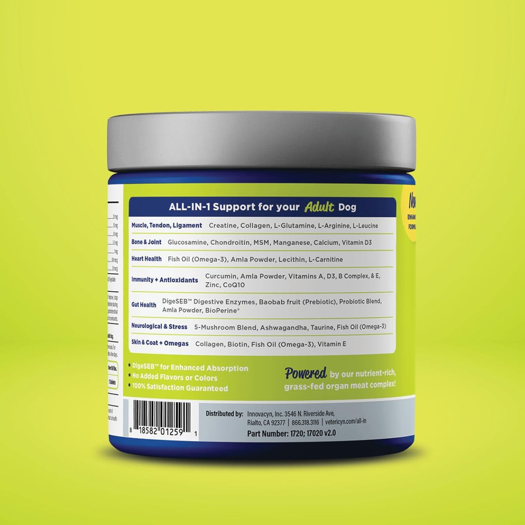 Vetericyn All-in 1 Suplemento Multifuncional para Perros | Enzimas Digestivas + Glucosamina y Condroitina para Huesos y Articulaciones + Vitaminas, Antioxidantes, Prebióticos, Probióticos y Omega. 90 Comprimidos