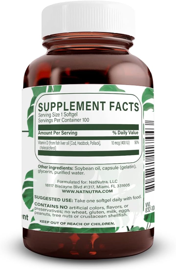Natural Nutra Vitamina D3 400 UI - 100 Cápsulas Blandas