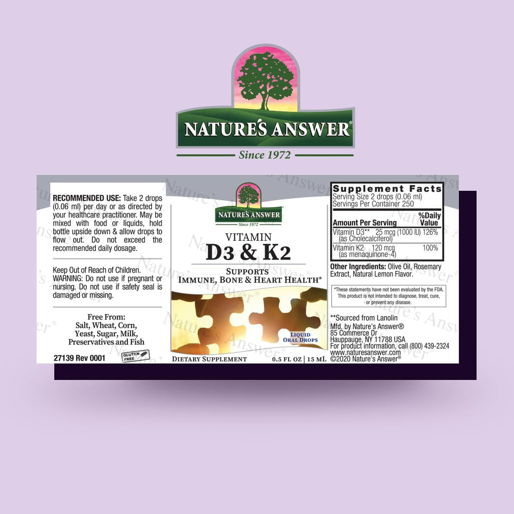 Nature's Answer Vitamina D3 y K2 - Gotas Líquidas Orales 0.5 oz (15 ml)