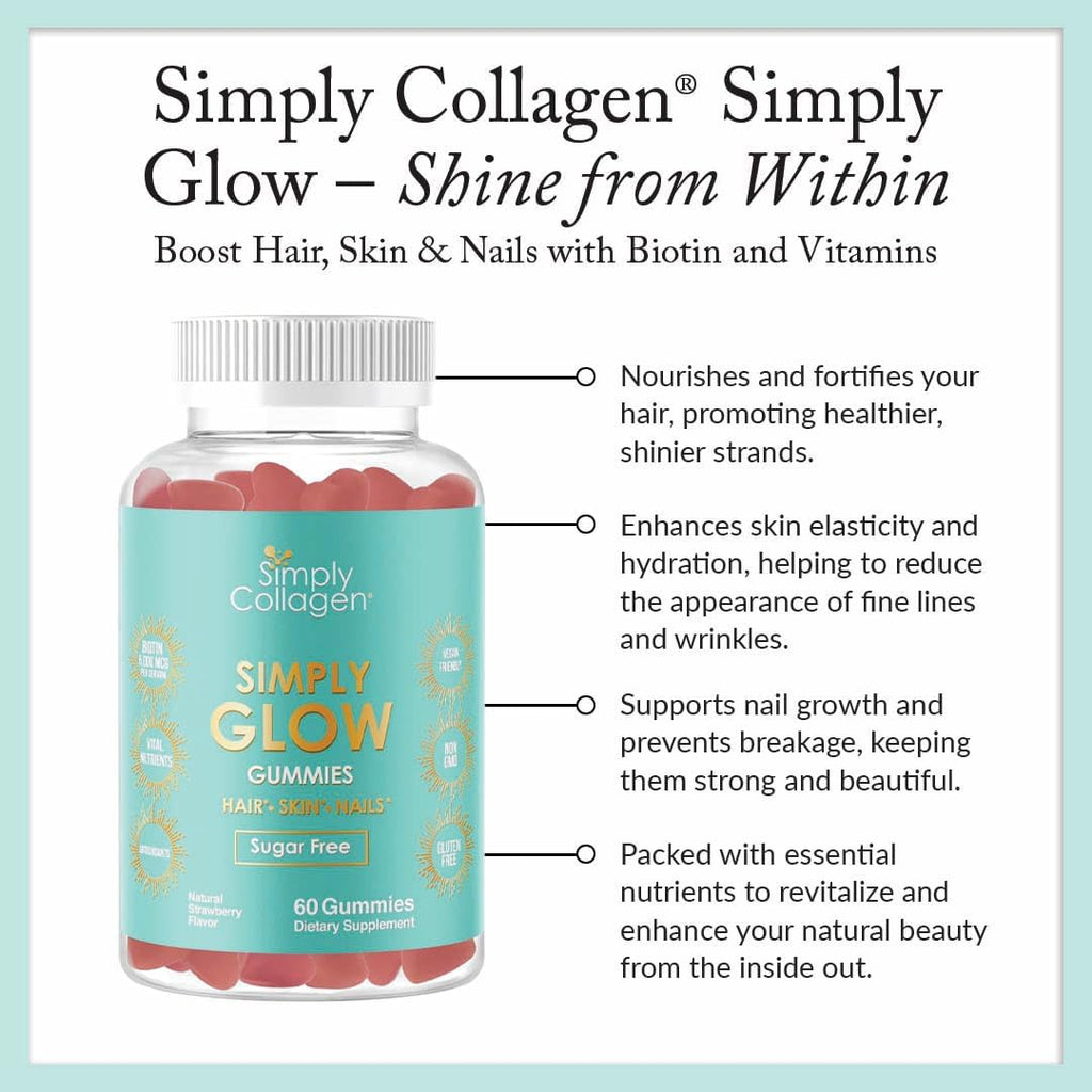 Simply Collagen® Simply Glow Gominolas para Cabello, Piel y Uñas – Vegano, Sin Azúcar, Sin Gluten – Biotina 5000 mcg – 60 unidades