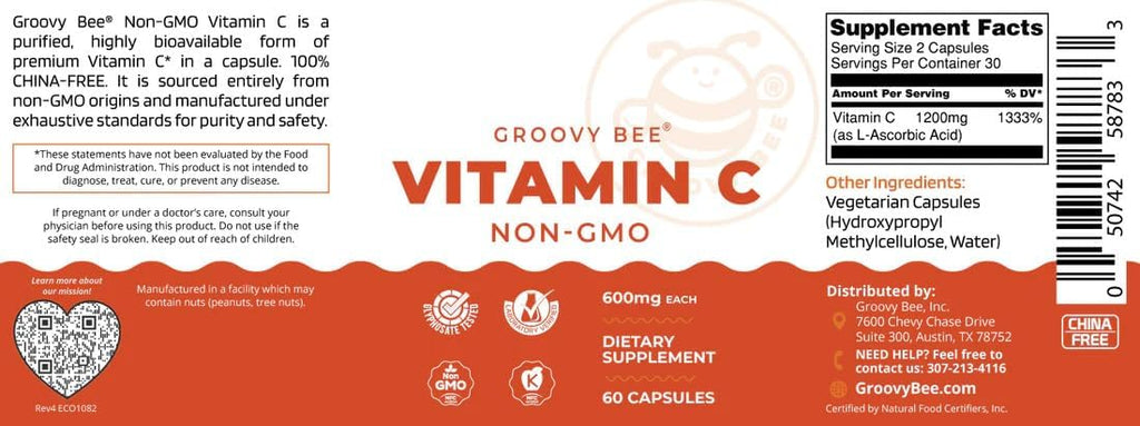 GROOVY BEE Vitamina C No OGM - 600 mg, 60 Cápsulas
