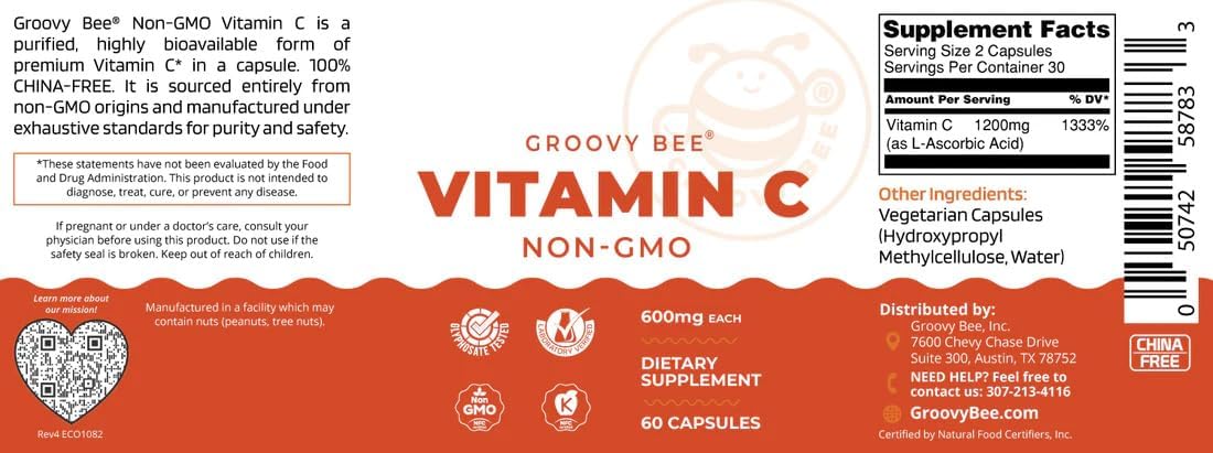 GROOVY BEE Vitamina C No OGM - 600 mg, 60 Cápsulas