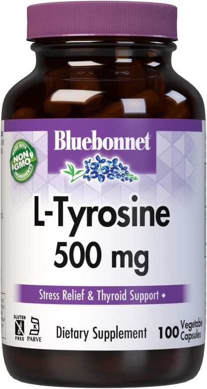 Bluebonnet L-Tirosina 500 mg, 100 Cápsulas – Sin soja, gluten, lácteos, huevos, pescado, mariscos, nueces, – Image 1