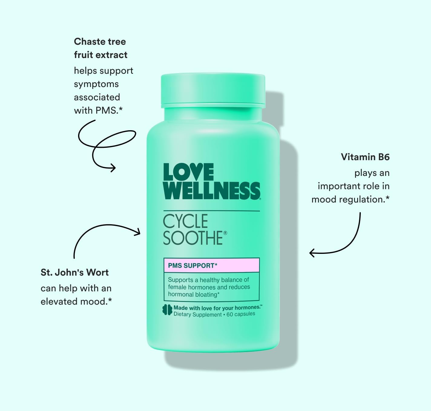 Love Wellness Cycle Soothe - Suplemento para el ciclo menstrual, 60 cápsulas