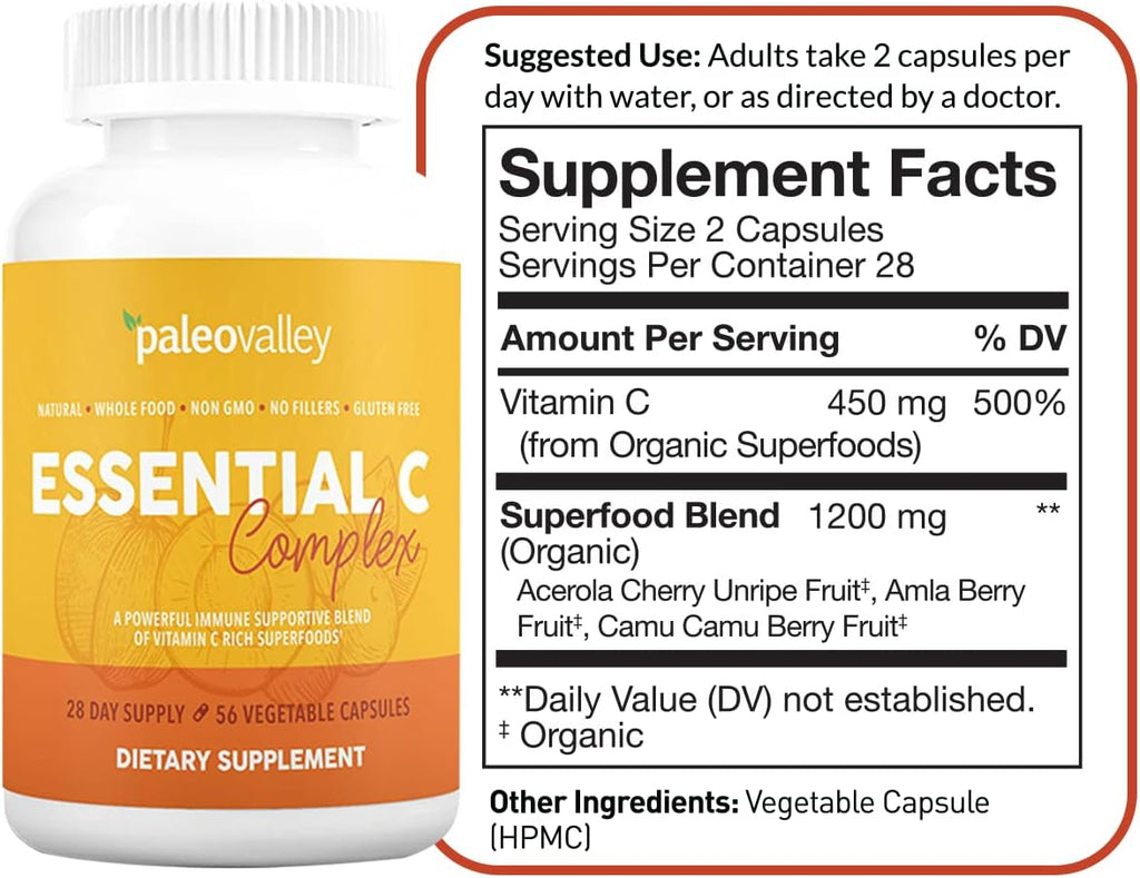 Paleovalley Essential C Complex - Vitamina C 450mg con Acerola, Camu Camu y Amla - Sin Sintéticos