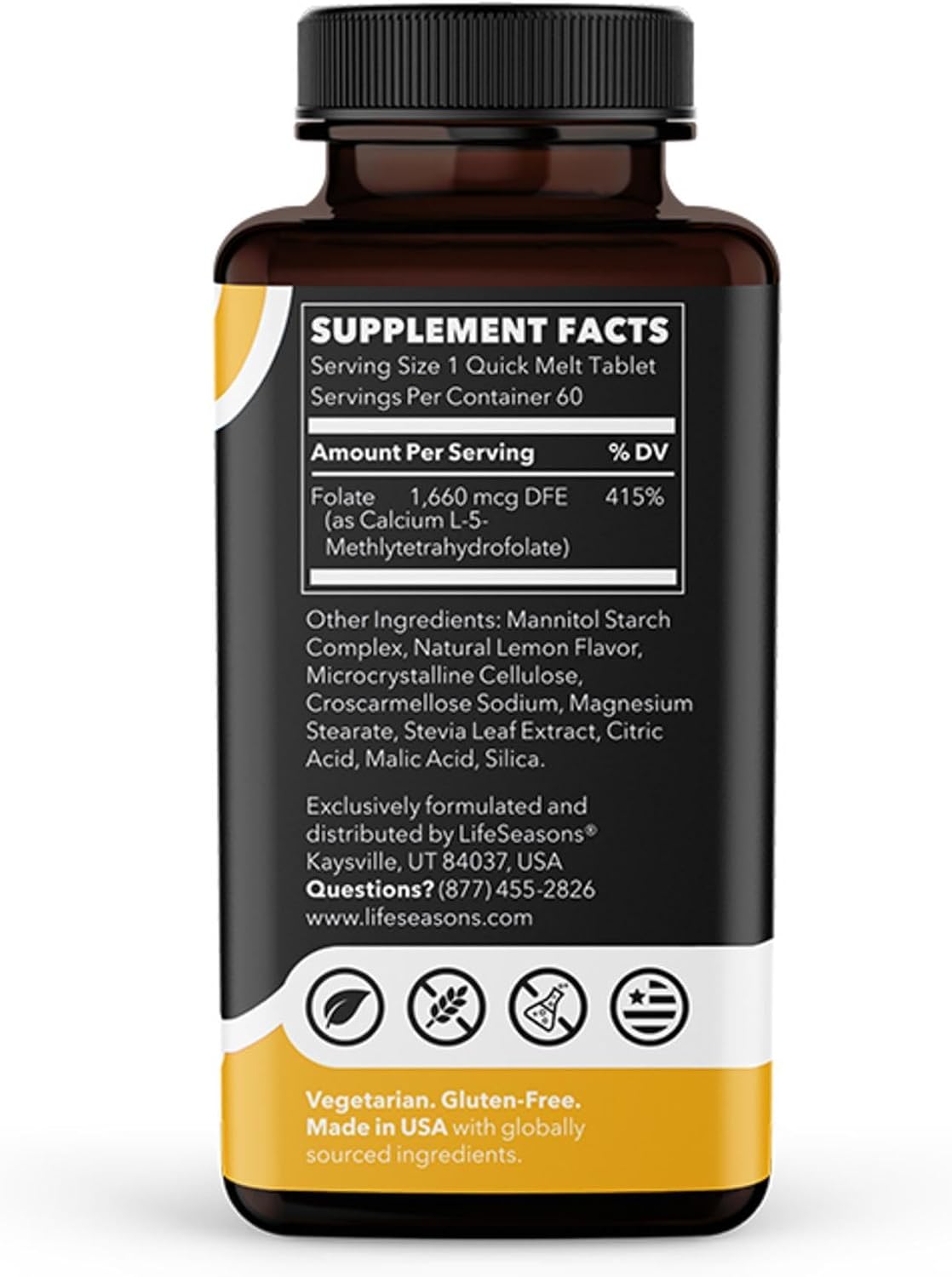 LifeSeasons Essentials Methyl Folate Quick Melts – Suplemento de Metilfolato 5-MTHF – 60 Comprimidos de Disolución Rápida Sabor Limón