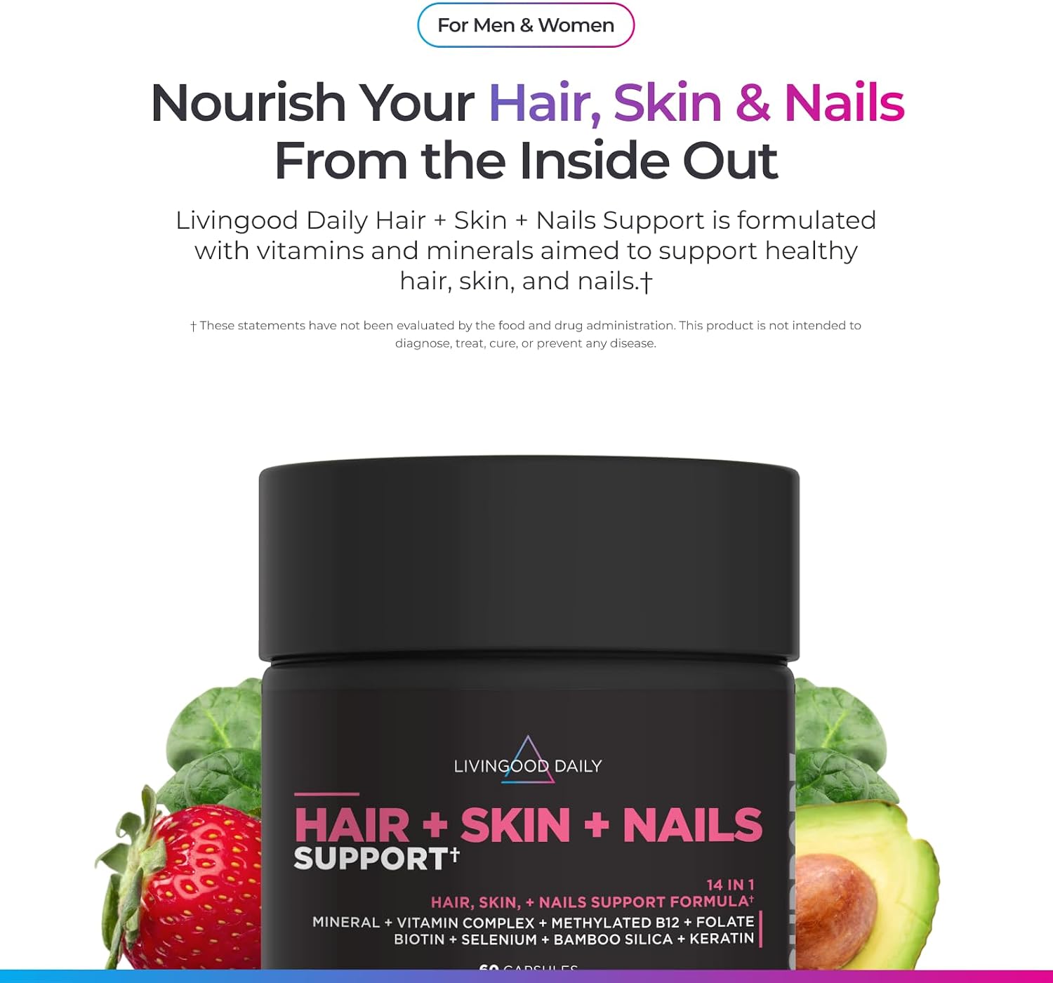 Livingood Daily Hair, Skin & Nails - Suplemento 14 en 1 para Cabello, Piel y Uñas, con Biotina, Colágeno y Queratina, 60 Cápsulas