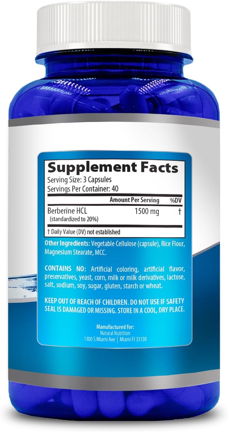 Natural Vitamin Extra Strength Berberine HCL 1500mg 120 Cápsulas Sin Gluten Non-GMO