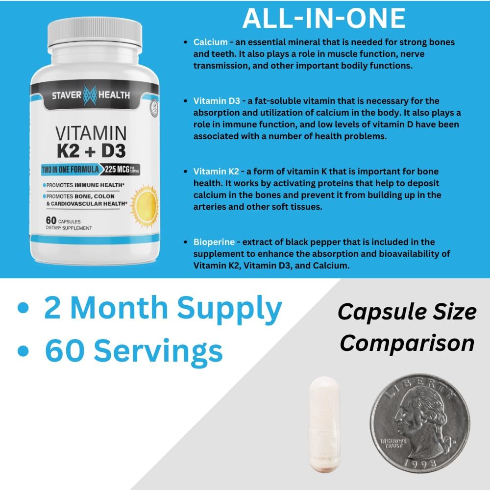 Staver Health Vitamina D3 K2 MK-7 con Calcio y Bioperina, 60 Cápsulas