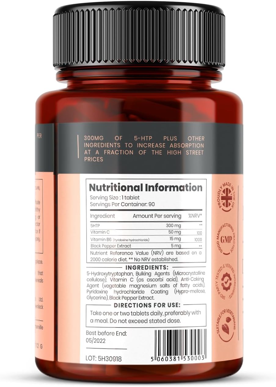 pureclinica 5HTP Alta Concentración 300mg x 180 Comprimidos (2 x 90) – Suministro para 6 Meses – con Vitamina C, B6 y Extracto de Pimienta Negra