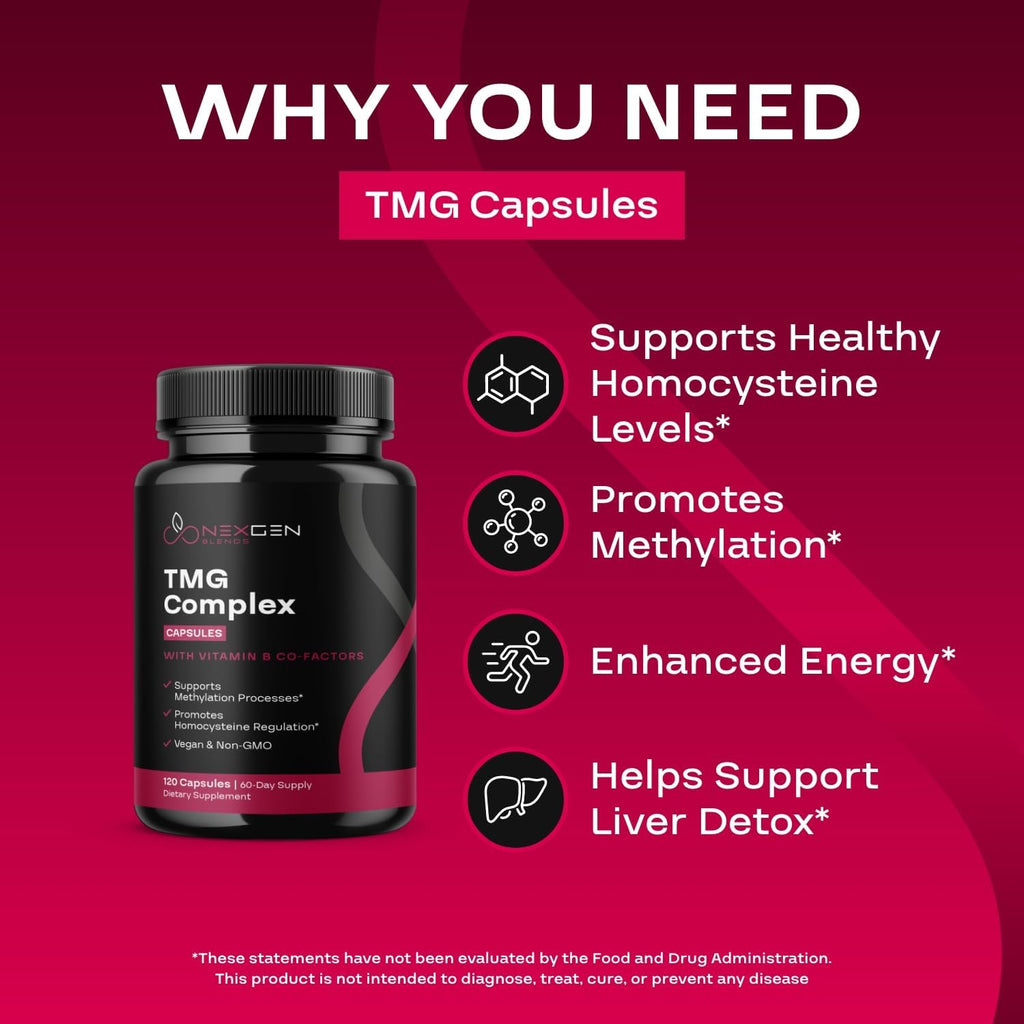 Suplemento de TMG Trimethylglycine con Complejo B Metilado - 500mg de Betaína TMG con Cofactores de Vitaminas B Metiladas para Apoyo de Homocisteína, Corazón e Hígado - Vegano y No GMO (Suministro de 2 Meses)