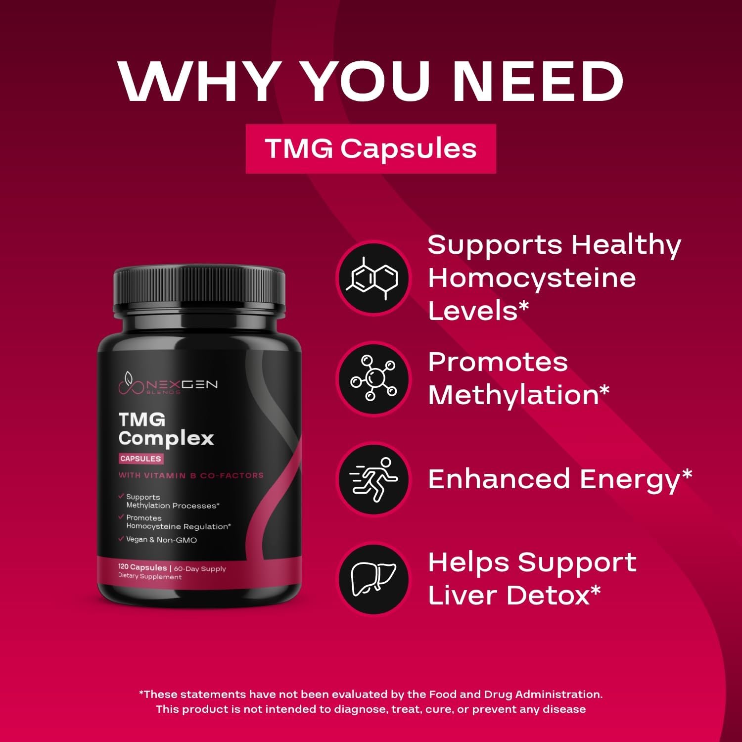 Suplemento de TMG Trimethylglycine con Complejo B Metilado - 500mg de Betaína TMG con Cofactores de Vitaminas B Metiladas para Apoyo de Homocisteína, Corazón e Hígado - Vegano y No GMO (Suministro de 2 Meses)