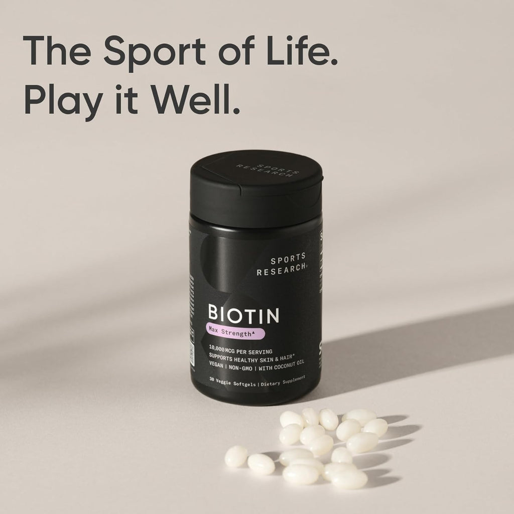 Sports Research Biotina 10.000 mcg con Aceite de Coco Orgánico - 30 Cápsulas Blandas Vegetales