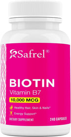 Safrel Biotina (Vitamina B7) 10.000 mcg – 240 Cápsulas Veganas, Sin Gluten