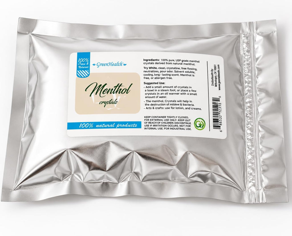 GreenHealth Premium Menthol Crystals – 1 lb (16 oz) | 100% Pure Natural | Strong Peppermint Aroma | Food Grade Mylar Bag | Melting Point 95–107°F
