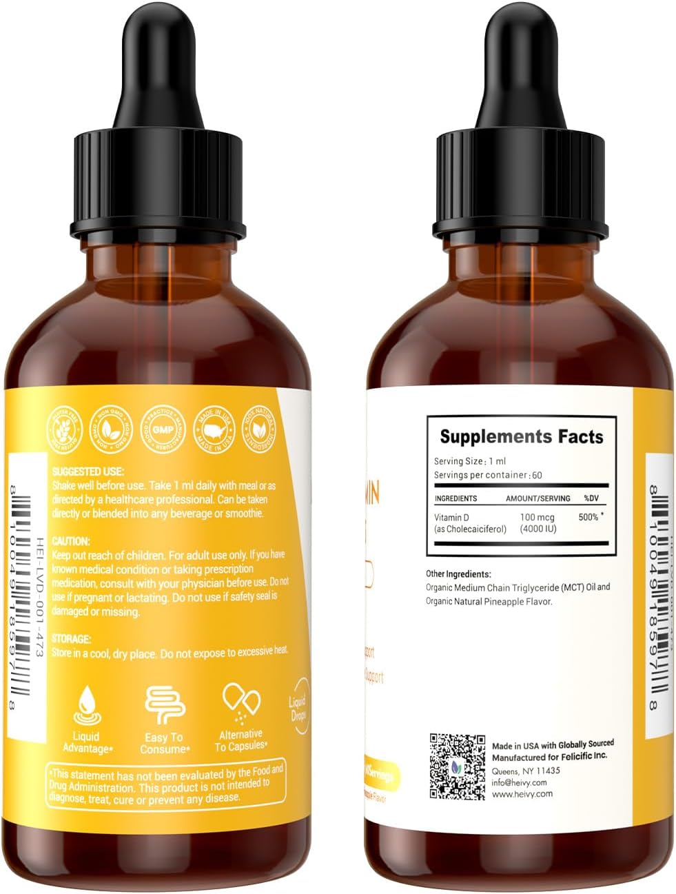 Heivy Gotas de Vitamina D3 4000 UI (100 mcg) - Líquido Vegano Sabor Piña para la Salud Ósea e Inmune, 60 Dosis (60ml)