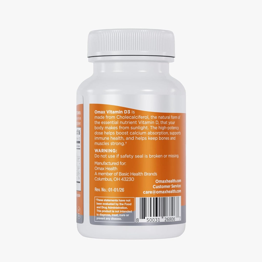 Omax3 Vitamina D3 de Alta Potencia 5,000 IU (125 mcg) - Huesos Fuertes, Músculos y Articulaciones, Salud del Corazón, Inmunidad - 30 Cápsulas Blandas