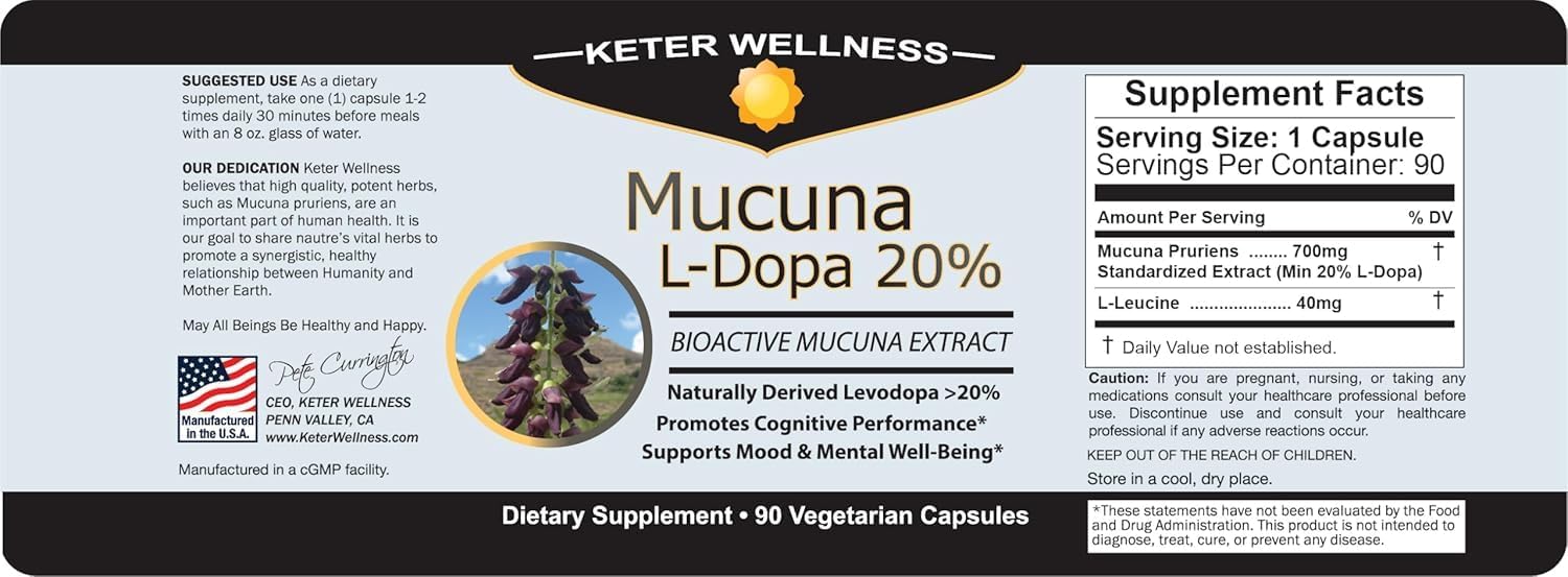 Mucuna Pruriens 20% L-Dopa – Extracto Estandarizado de Frijol de Terciopelo – 90 Cápsulas Veganas