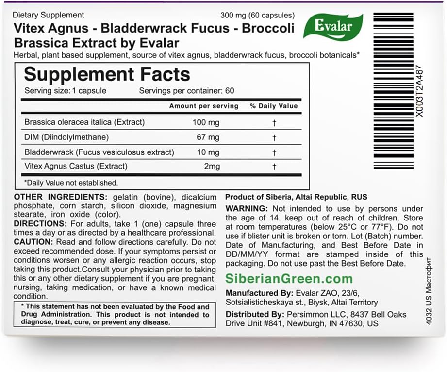 Evalar Mastofit - Vitex, Bladderwrack y Brócoli - 60 Cápsulas - Suplemento Herbal Vegano