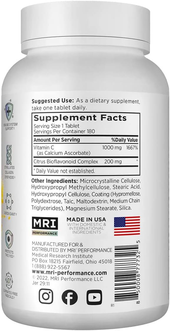 MRI Vitamina C 1000mg con Bioflavonoides - 180 Comprimidos Vegetarianos