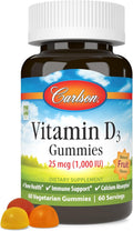 Carlson - Gominolas de Vitamina D3, 1000 UI (25 mcg), para la Salud Ósea y el Sistema Inmunitario, Sabores Naturales de Fruta, 60 Gominolas Vegetarianas