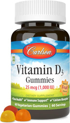 Carlson - Gominolas de Vitamina D3, 1000 UI (25 mcg), para la Salud Ósea y el Sistema Inmunitario, Sabores Naturales de Fruta, 60 Gominolas Vegetarianas