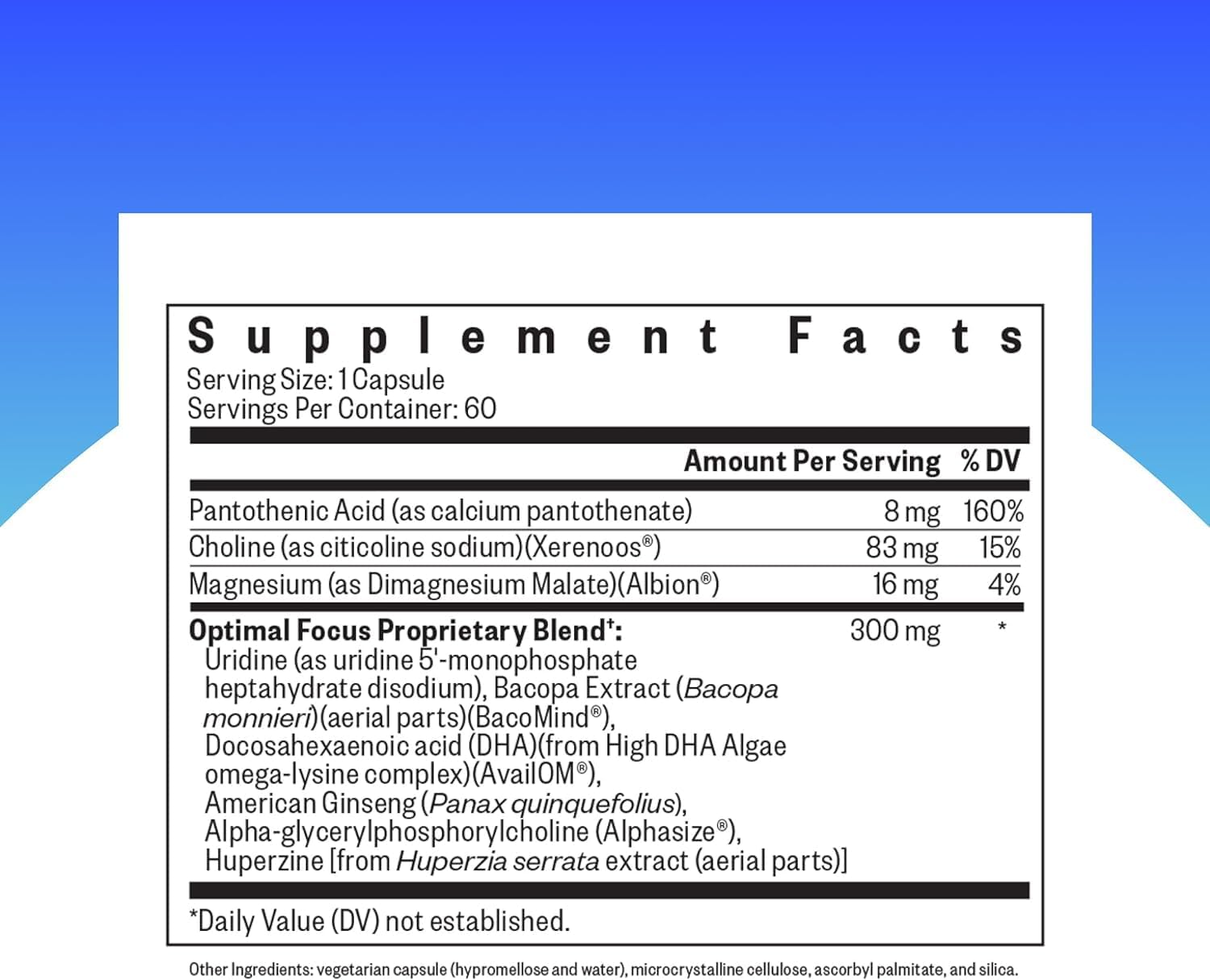 Seeking Health Optimal Focus – Suplemento Nootrópico para Memoria y Concentración, Sin Cafeína ni Estimulantes, con Colina, DHA de Algas y Ginseng Americano (60 Cápsulas)