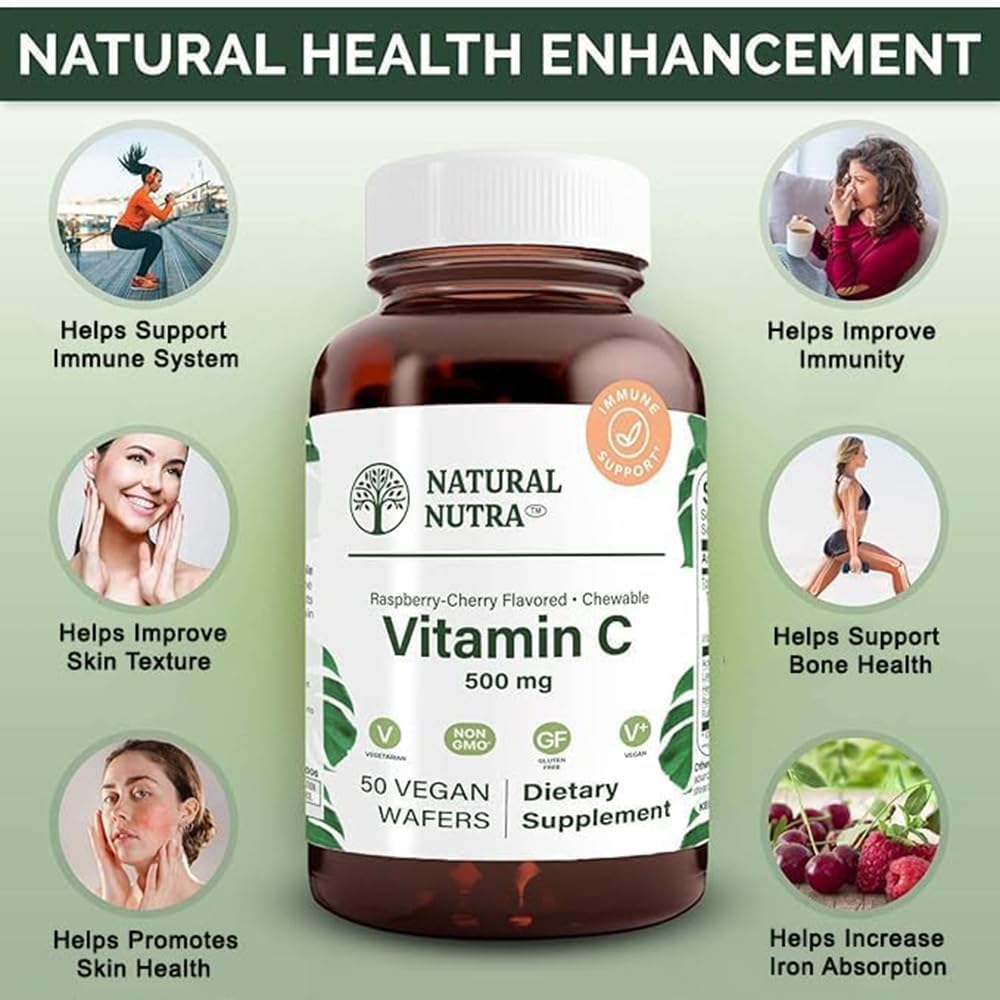 Natural Nutra Vitamina C 500 mg, 50 Comprimidos Veganos Sabor Frambuesa-Cereza