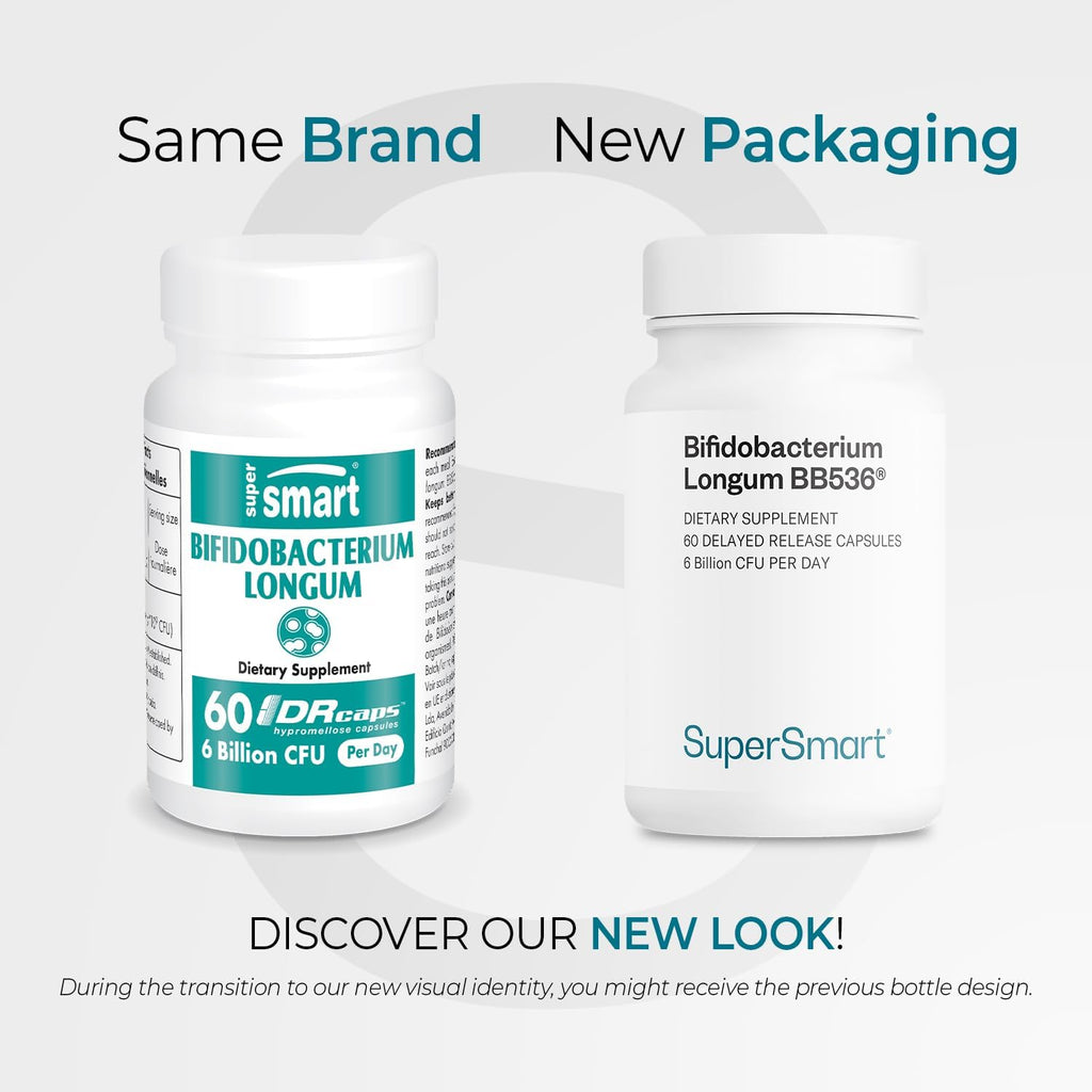 Supersmart Bifidobacterium Longum (BB536) 6 mil millones UFC - Probiótico y Prebiótico, 60 Cápsulas DR