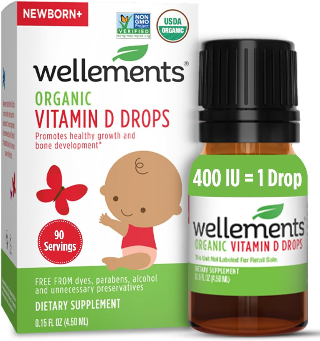 Wellements Gotas Orgánicas de Vitamina D3 para Bebés y Niños Pequeños (90 Días) - 400 IU por Gota