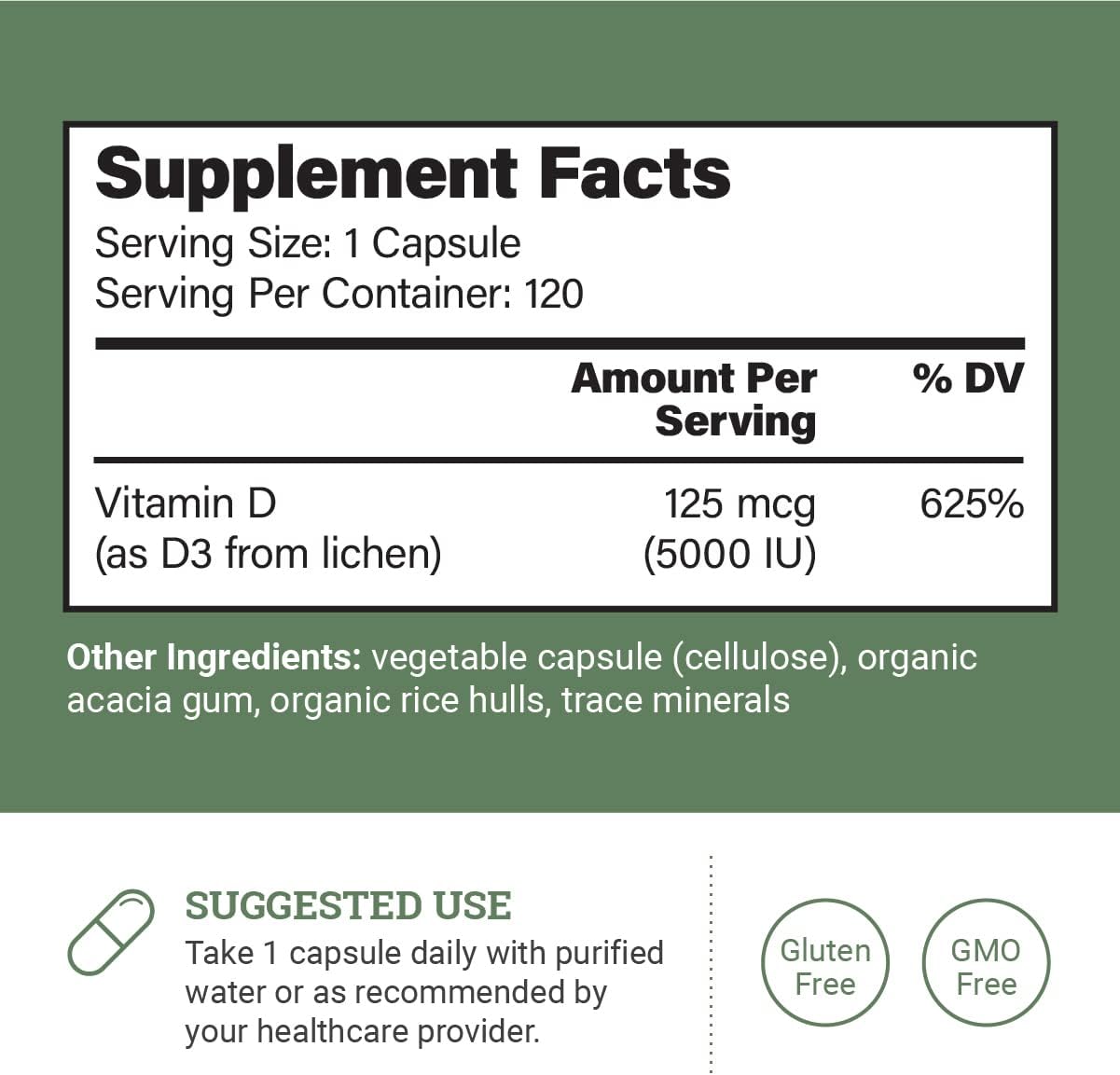 Earth Harmony Naturals Vitamina D3 Vegana 5000 IU - 120 Cápsulas