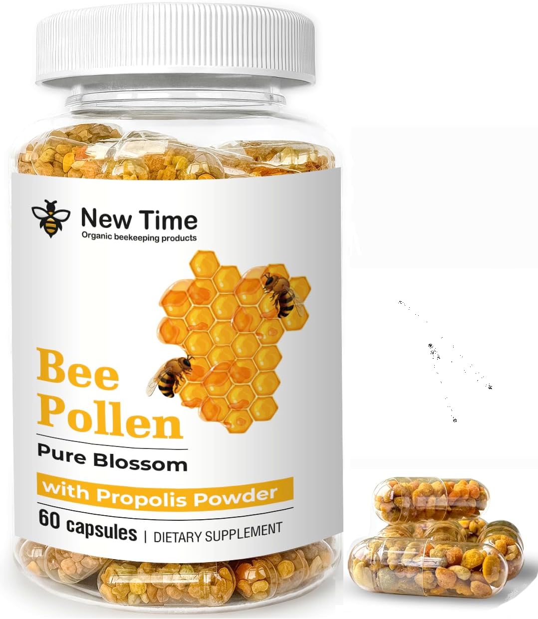 Cápsulas de Polen de Abeja con Propóleo – Suplemento Orgánico para Energía, Vitalidad y Bienestar, Rico en Vitaminas, Apoyo Inmunológico, 100% Puro y Natural