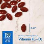 Vitamina K2 + D3 Cápsulas Blandas, 180 mcg y 125 mcg (5000 UI) | Apoyo para Huesos, Corazón e Inmunidad, con MenaQ7 MK-7