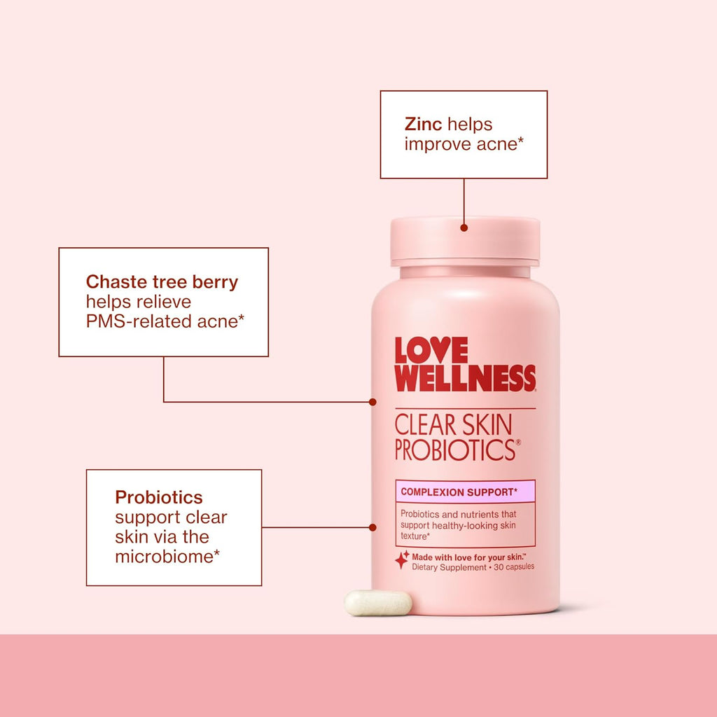 Love Wellness Clear Skin Probiotic – Probiótico para la Piel con Zinc, Bifidobacterium Longum y Extracto de Fruto de Sauzgatillo | 30 Cápsulas
