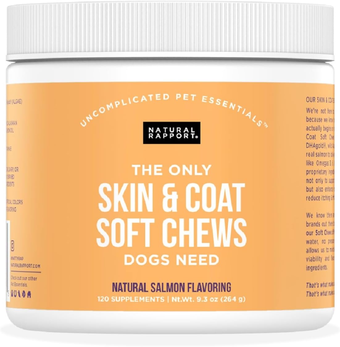 Natural Rapport - Suplemento de Piel y Pelo para Perros, 120 Chews Blandos con Aceite de Salmón y Omega 3,6,9