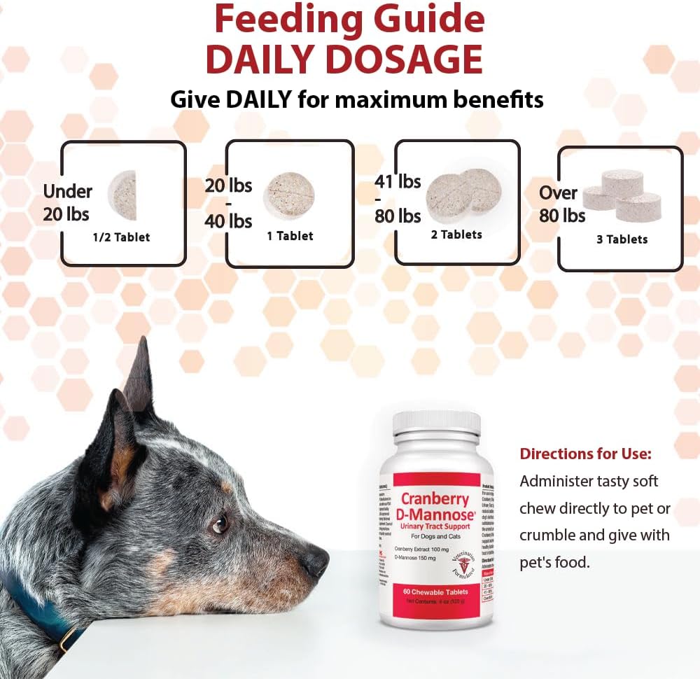 Cranberry & D-Mannose Urinary Tract Supplement for Dogs & Cats - Bladder & Urinary Tract Health Support - Cranberry Extract, D-Mannose & Vitamin C - 60 Chewable Tablets