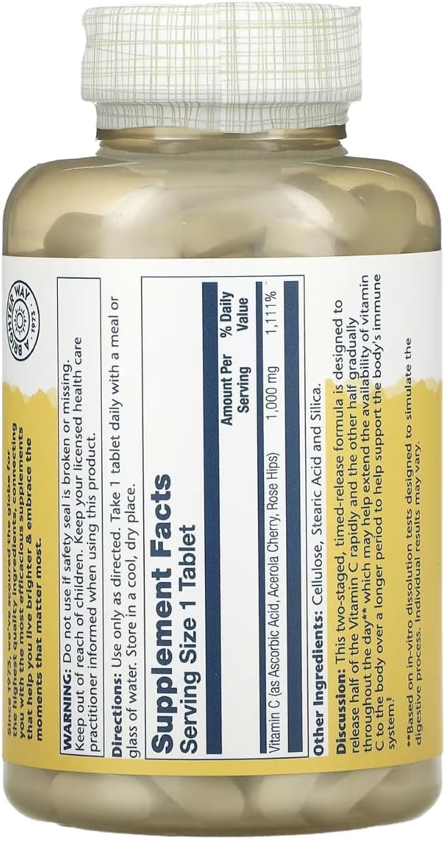 SOLARAY Vitamina C de Liberación Prolongada con Escaramujo y Acerola, 1.000 mg, 250 Comprimidos