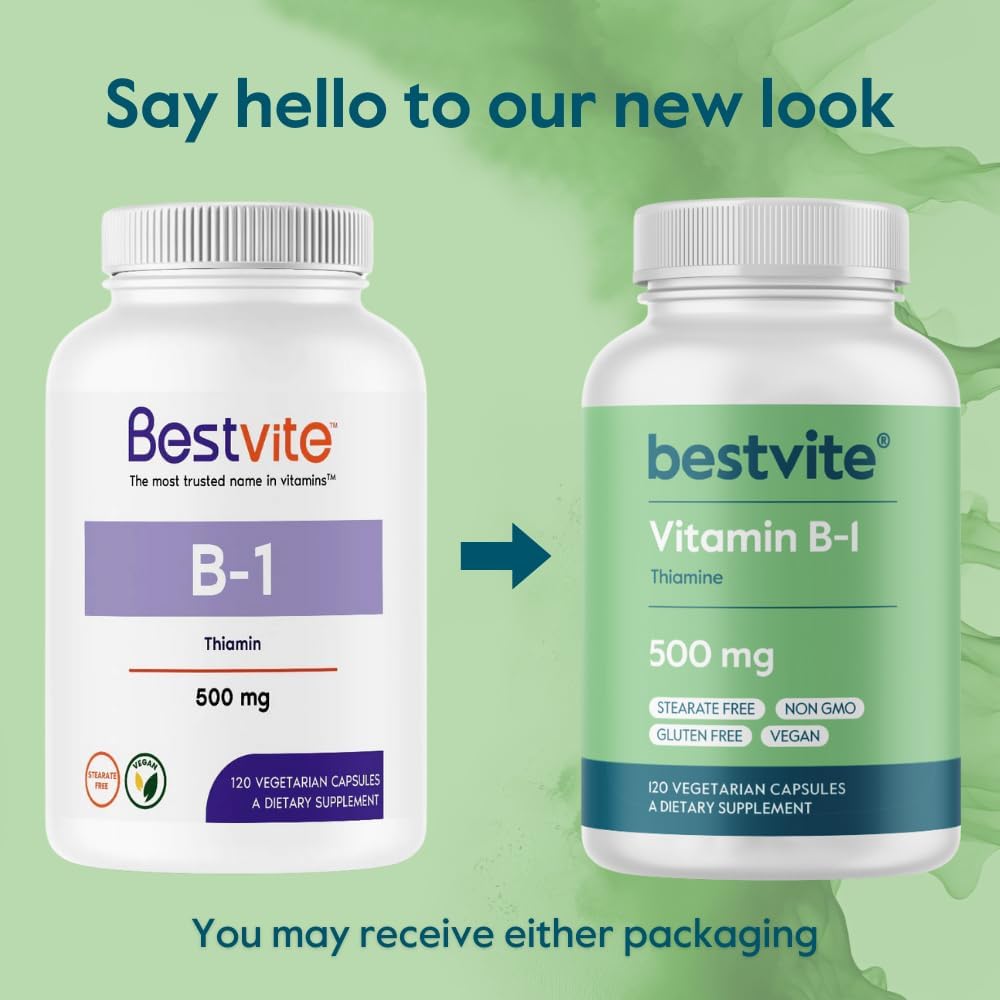 BESTVITE Vitamina B-1 (Tiamina) 500 mg - 120 Cápsulas Vegetales - Vegano - Sin Estearatos - No GMO - Sin Gluten