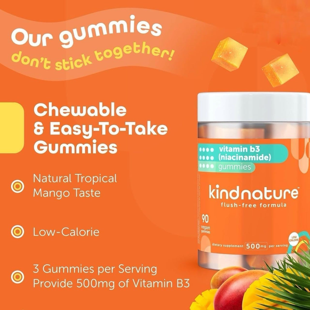 kindnature Gomitas de Vitamina B3 Niacinamida 500mg – Sin Flush – 90 Gomitas