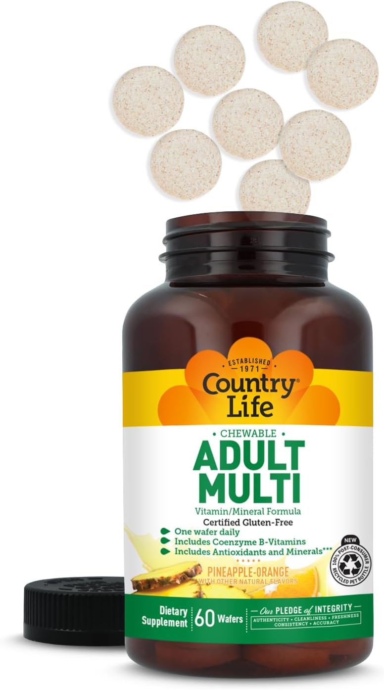 Country Life Multivitamínico Masticable Adultos con Vitaminas B Coenzimáticas, Antioxidantes y Minerales - Sabor Piña-Naranja - 60 Wafers