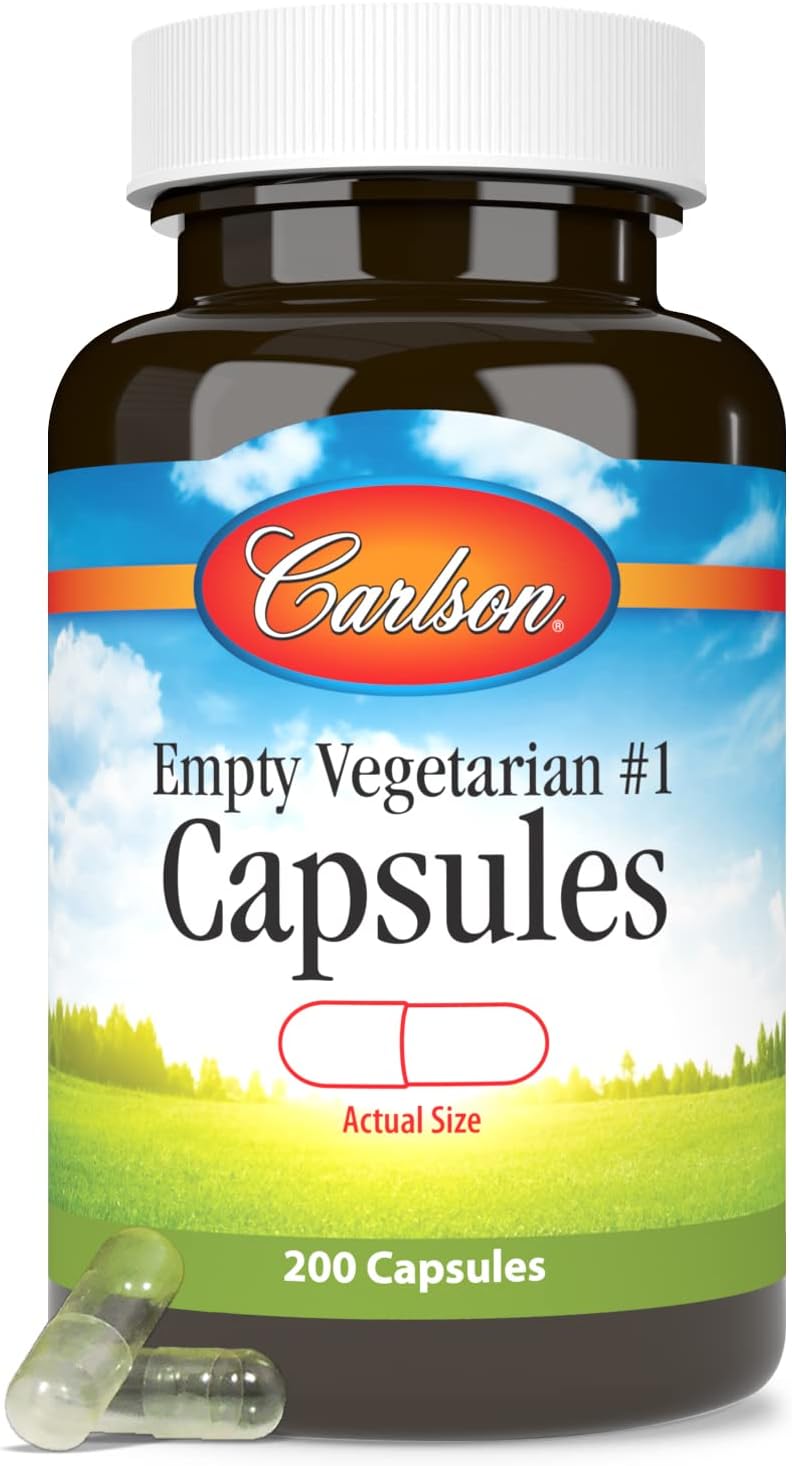 Cápsulas Vegetarianas Vacías Tamaño #1 - Fáciles de Separar y Llenar - con Tarro de Rosca - 200 Cápsulas - Carlson