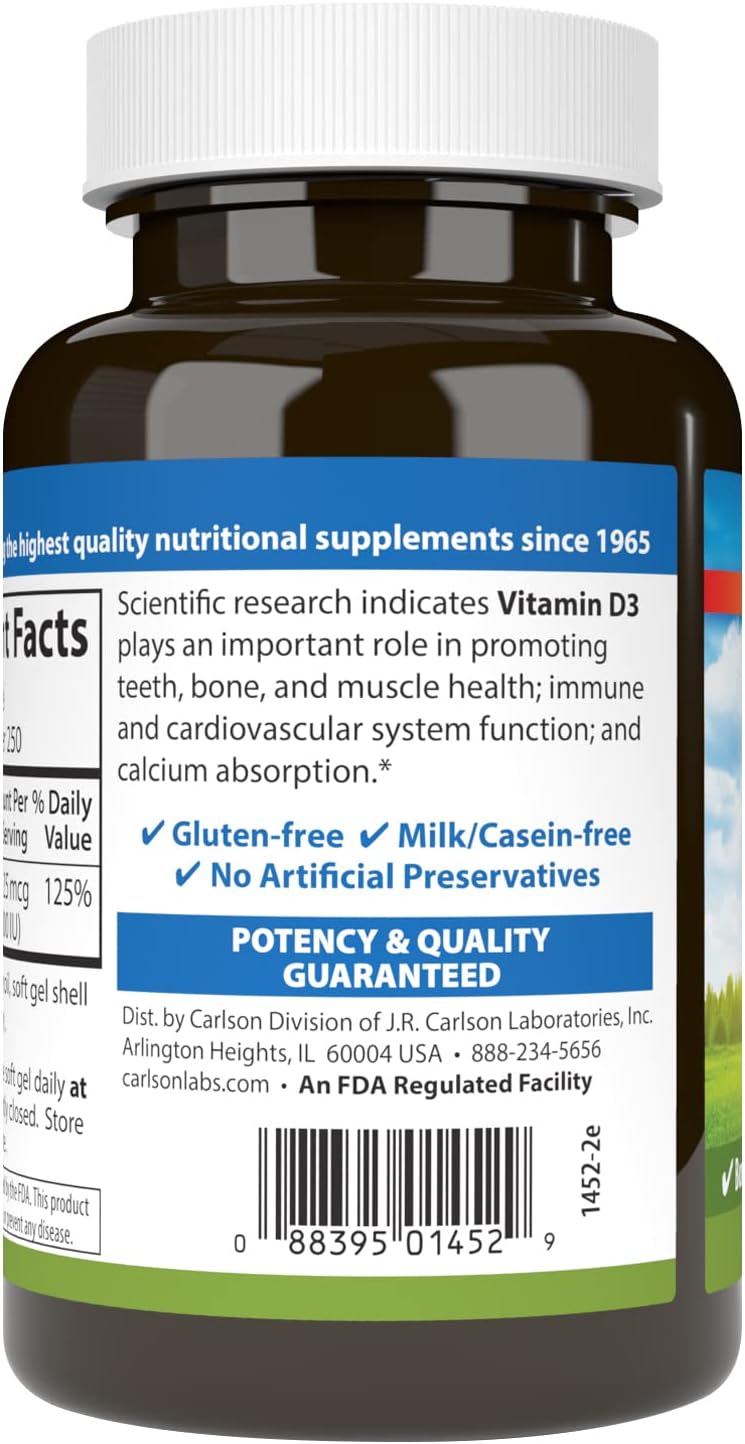 Carlson Vitamina D3, 1000 UI, 250 Cápsulas Blandas
