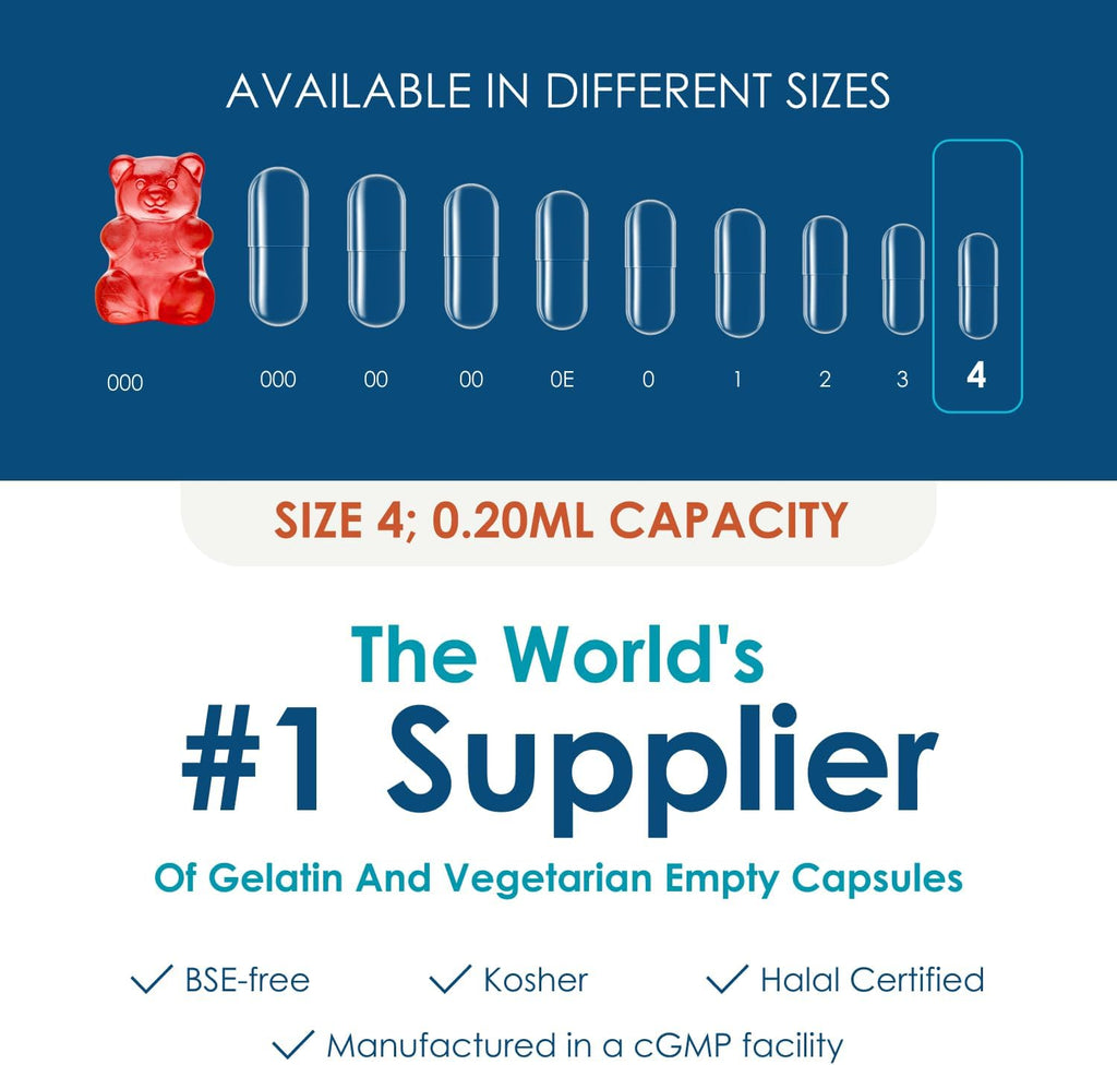 Capsuline Cápsulas de Gelatina Vacías Tamaño 4, Negro/Transparente - 1000 Unidades | Sin Gluten, Kosher, Certificado No-GMO | Cápsulas de Gelatina Bovina para Relleno de Suplementos DIY