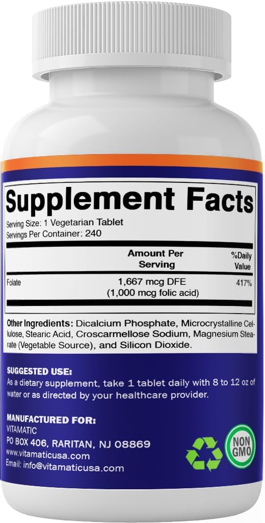 Ácido Fólico 1000 mcg (1 mg) - 240 Comprimidos Vegetarianos - Vitamatic