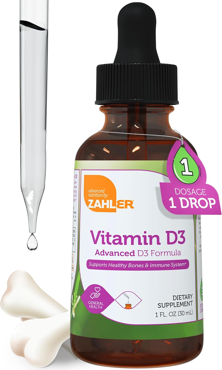Zahler Vitamina D3 Líquida 5000 UI - Suplemento de Vitamina D3 para Huesos y Sistema Inmunológico - 30 ml